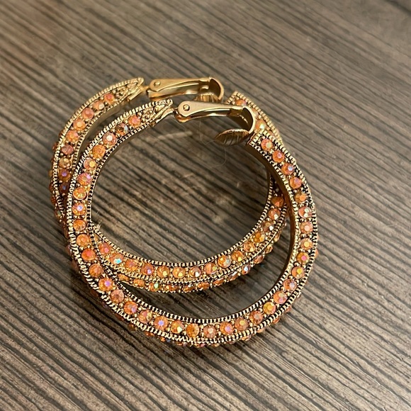Vintage Orange Aurora Borealis Clip Hoop Earrings - Picture 8 of 15
